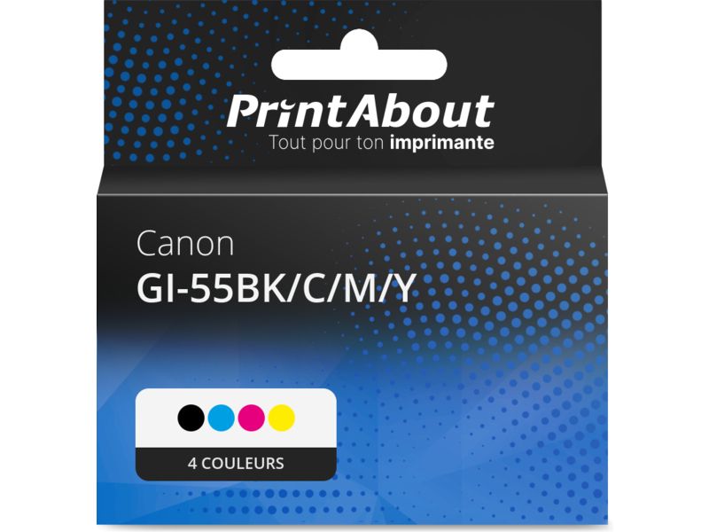 Tinta compatible PrintAbout para Canon GI-55 - Multipack de 4 colores (Negro, Ciano, Magenta, Amarillo)