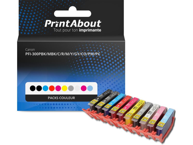 Cartouche d'encre Canon PFI-300PBK/MBK/C/R/M/Y/GY/CO/PM/PC Multipack 10 couleurs