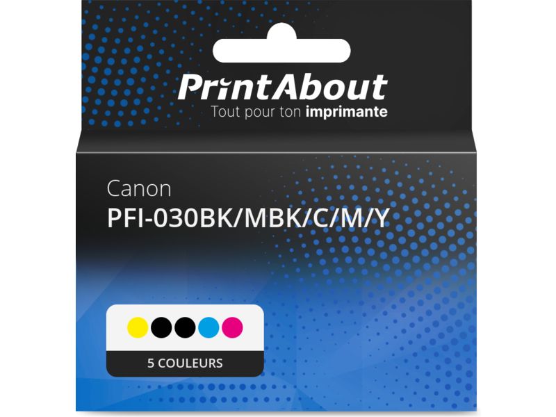 Cartouche d'encre Canon PFI-030 Multipack - 5 couleurs (noir, magenta, cyan, jaune, bleu)