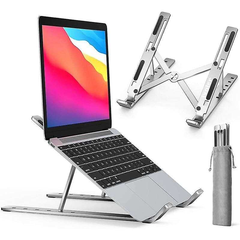 Ynong Laptop Stand, Foldable and Adjustable at 6 Angles, Anti-Slip, Ventilated, Aluminum, Compatible with Laptops and Tablets - Silver