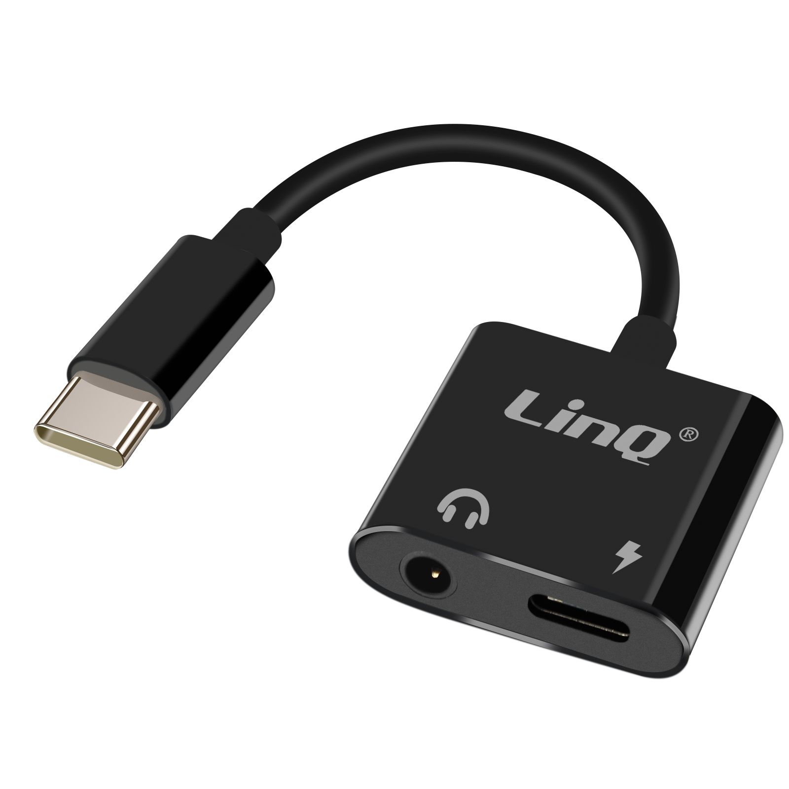 LinQ USB-C to Audio Jack and USB-C Recharge Adapter - Black