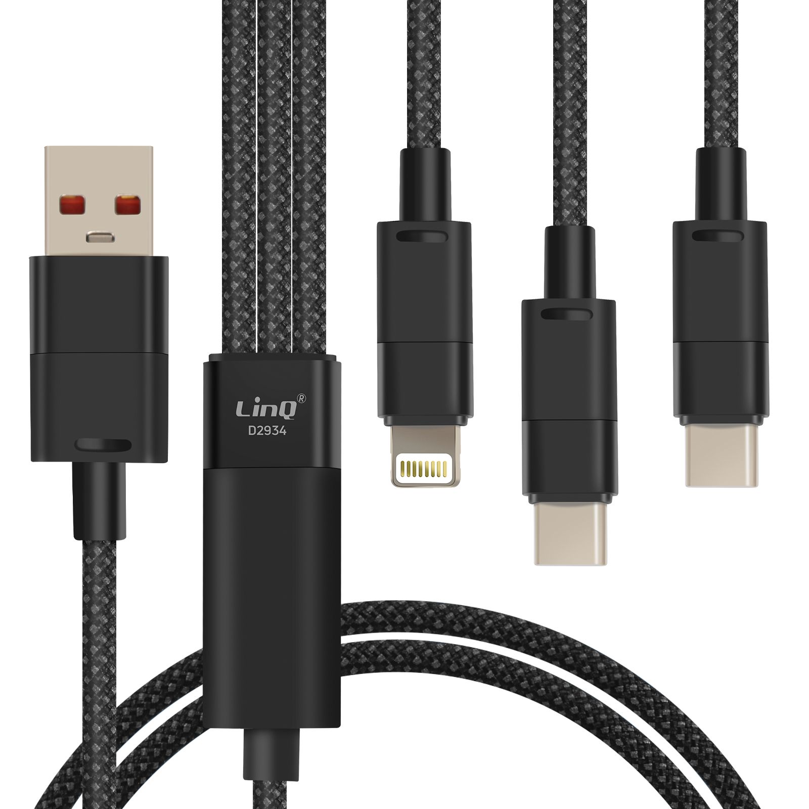 LinQ USB-C to Lightning + 2 USB-C 60W Fast Charge Cable, 1.2m Black