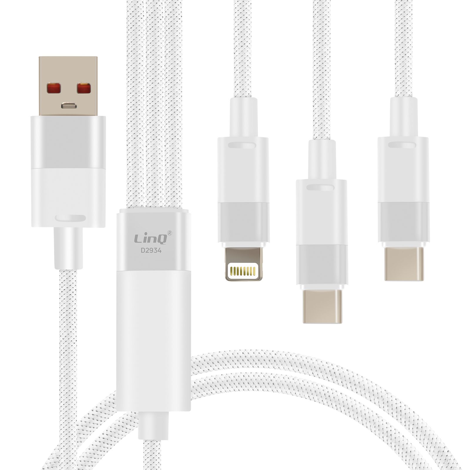 LinQ USB to Lightning + 2 USB-C 60W Quick Charge Cable, 1.2m, White