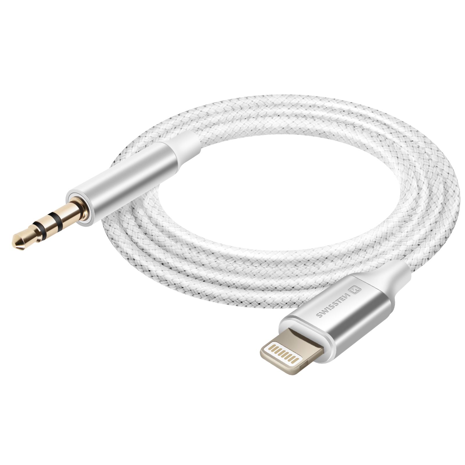 Swissten Lightning to 3.5mm Auxiliary Cable, 1.5m, Nylon Braided, White