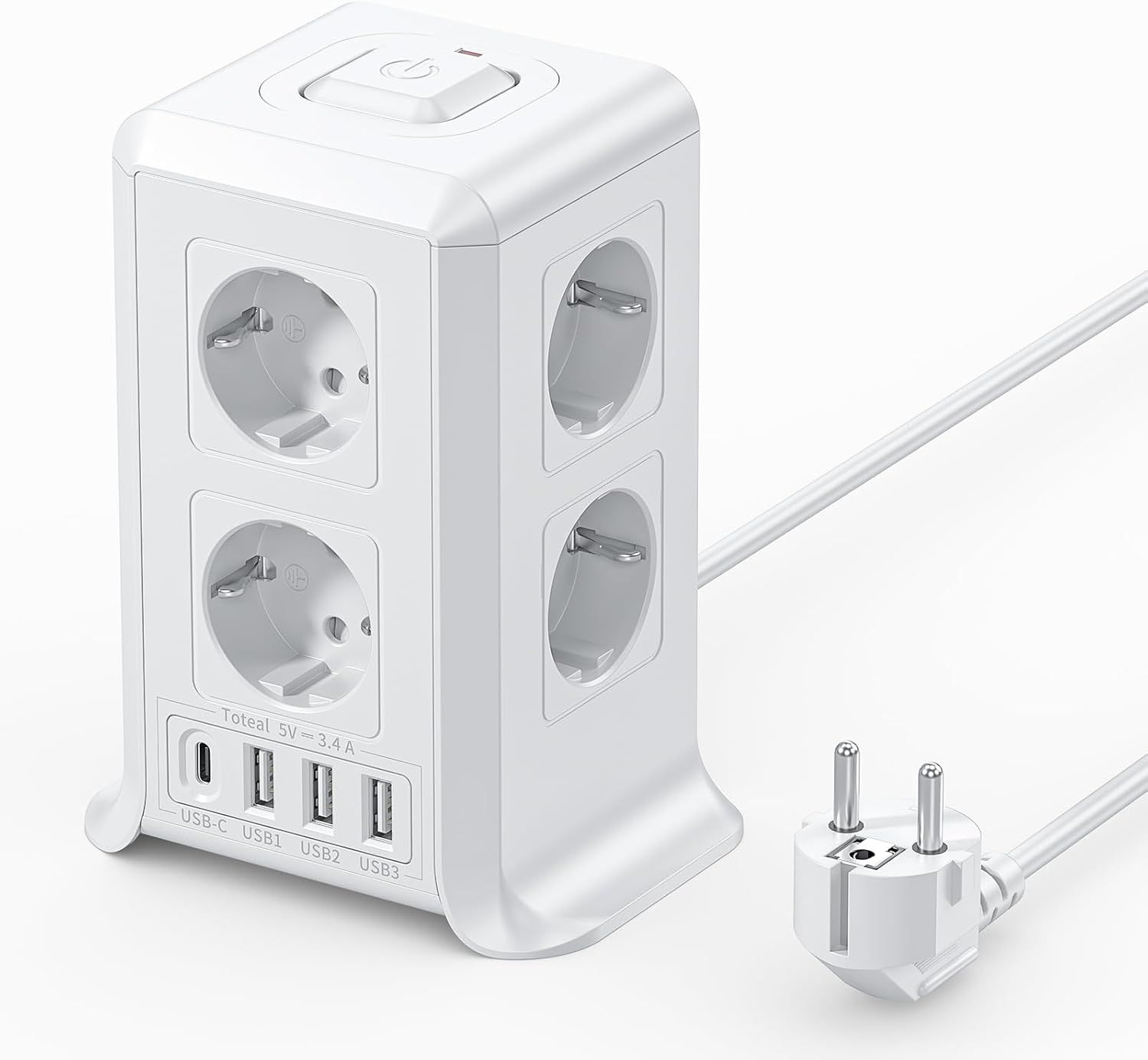 MAEC GROUPE CAHORS Tower Power Strip Surge Protector with 5m Adapter, 12-in-1 8 Sockets + 4 USB Ports