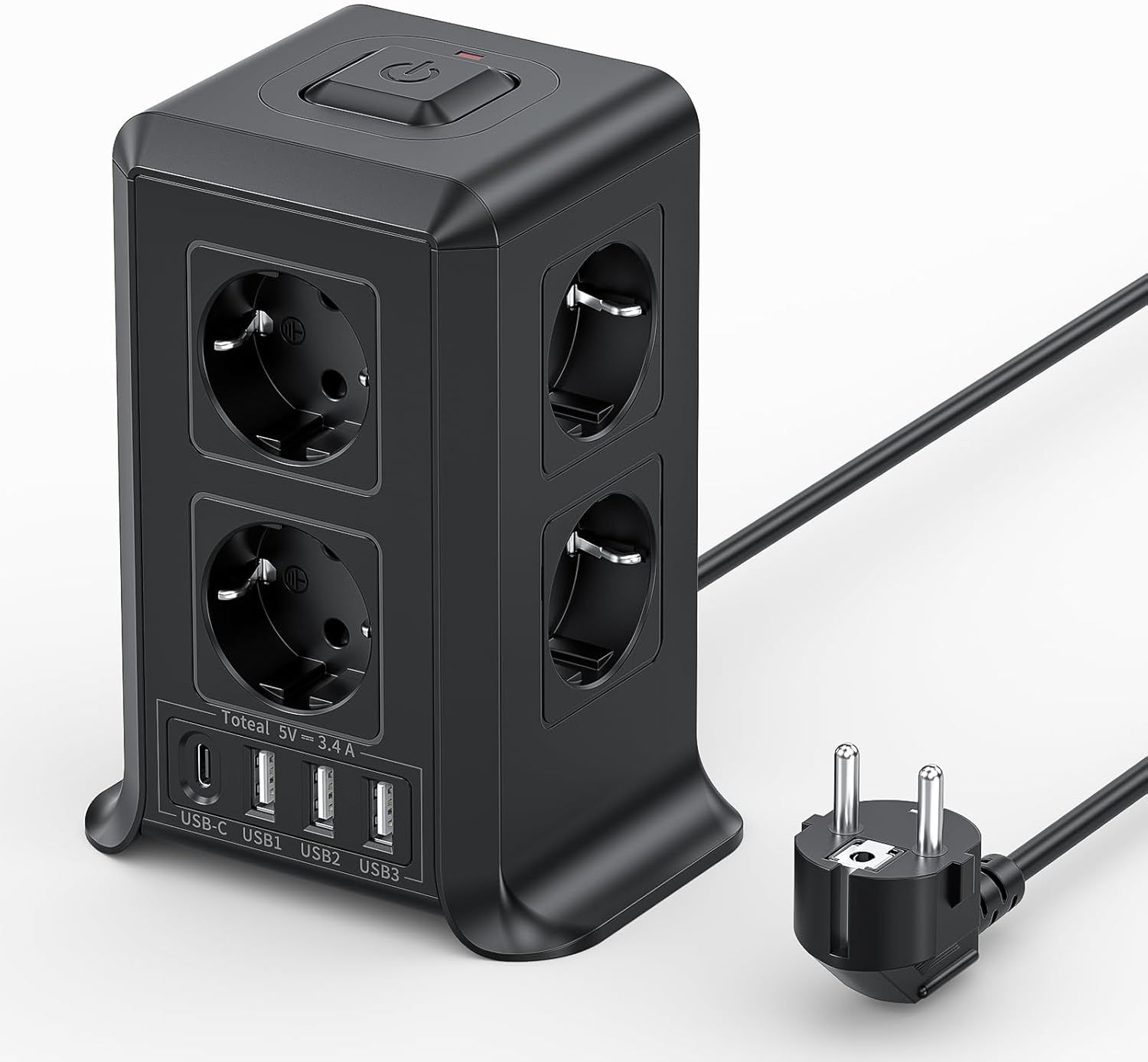 MAEC GROUPE CAHORS Tower Surge Protector Power Strip, 5m Adapter with 4 USB Ports and 8 Sockets