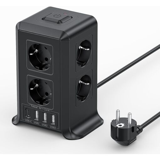 MAEC GROUPE CAHORS Tower Surge Protector Power Strip, 5m Adapter with 4 USB Ports and 8 Sockets