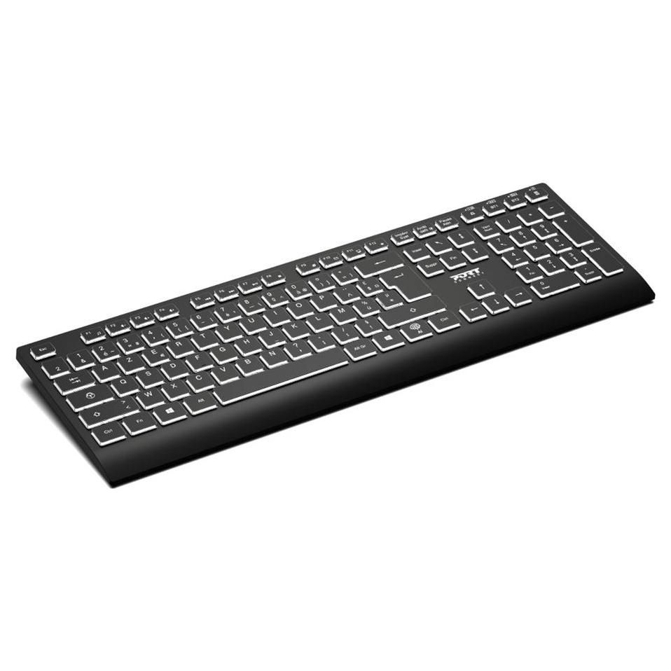 PORT Connect Wireless Keyboard and Mouse Set - Full Size, Backlit, 2.4GHz/Bluetooth - AZERTY