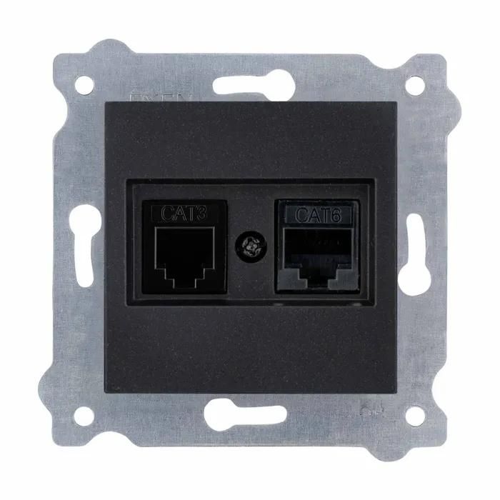 EXEN Computer Socket - RJ45 Cat.6 + RJ11 - Metallic Black - Internet and Phone Connection