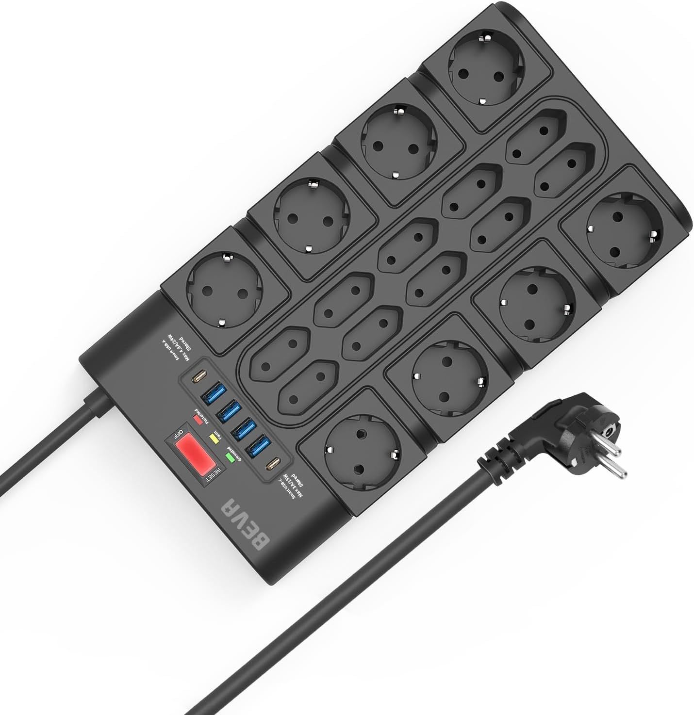Stri de energía MAEC GROUP CAHORS con 18 tomas y puertos USB y protección contra sobretensiones, negro