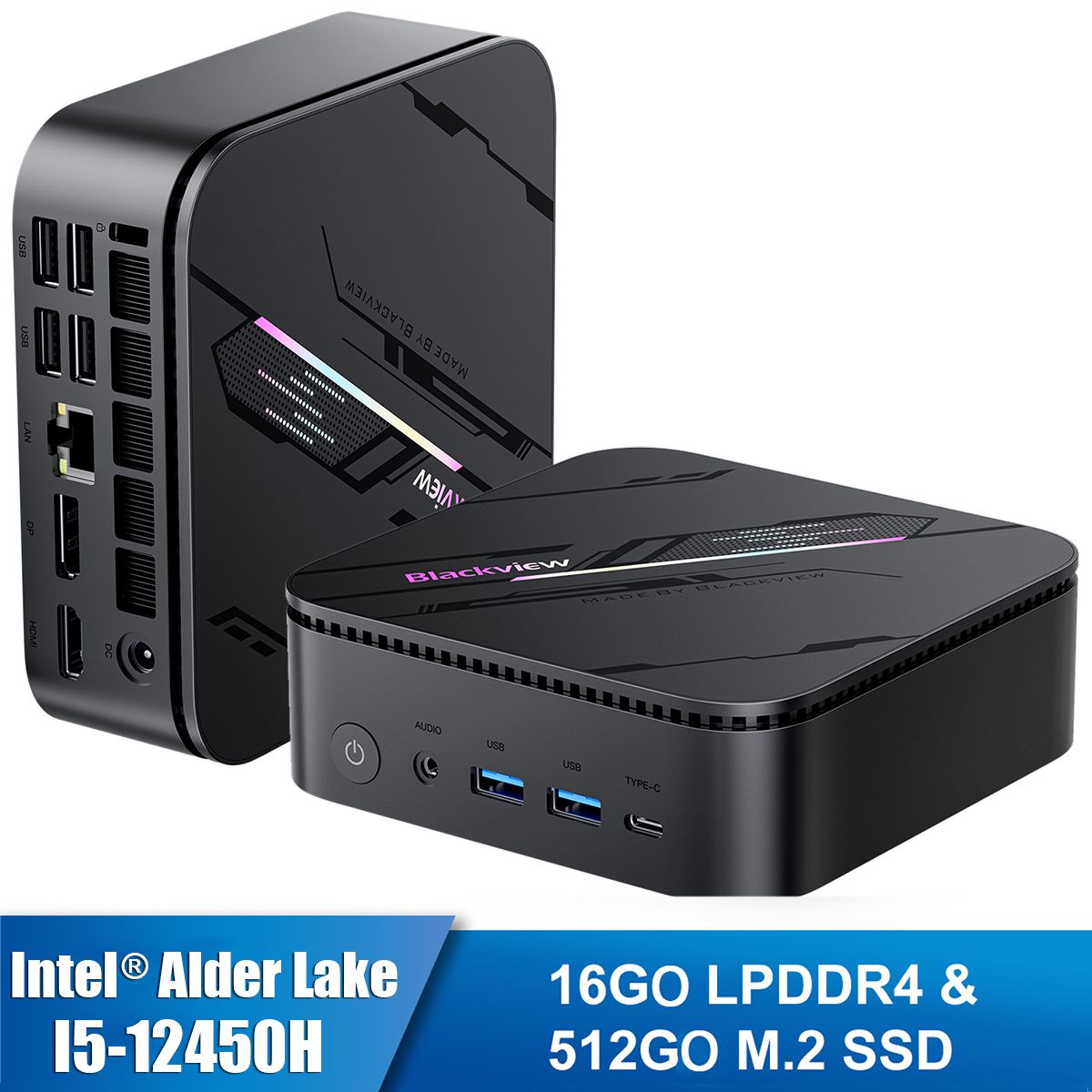 Mini PC Blackview MP100 Pro - Processeur Intel Core i5-12450H, 16 Go de RAM, 512 Go SSD, 4K UHD 144 Hz