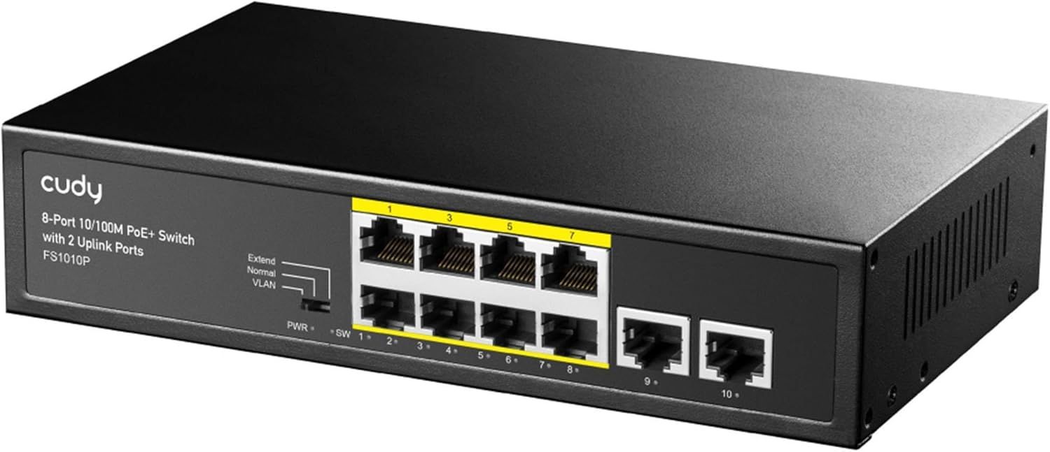 Cudy POE+ Switch 8 Ports with 2 Uplink Ports, 120W, Extended Mode/VLAN, 802.3af/at, Fanless, Plug and Play