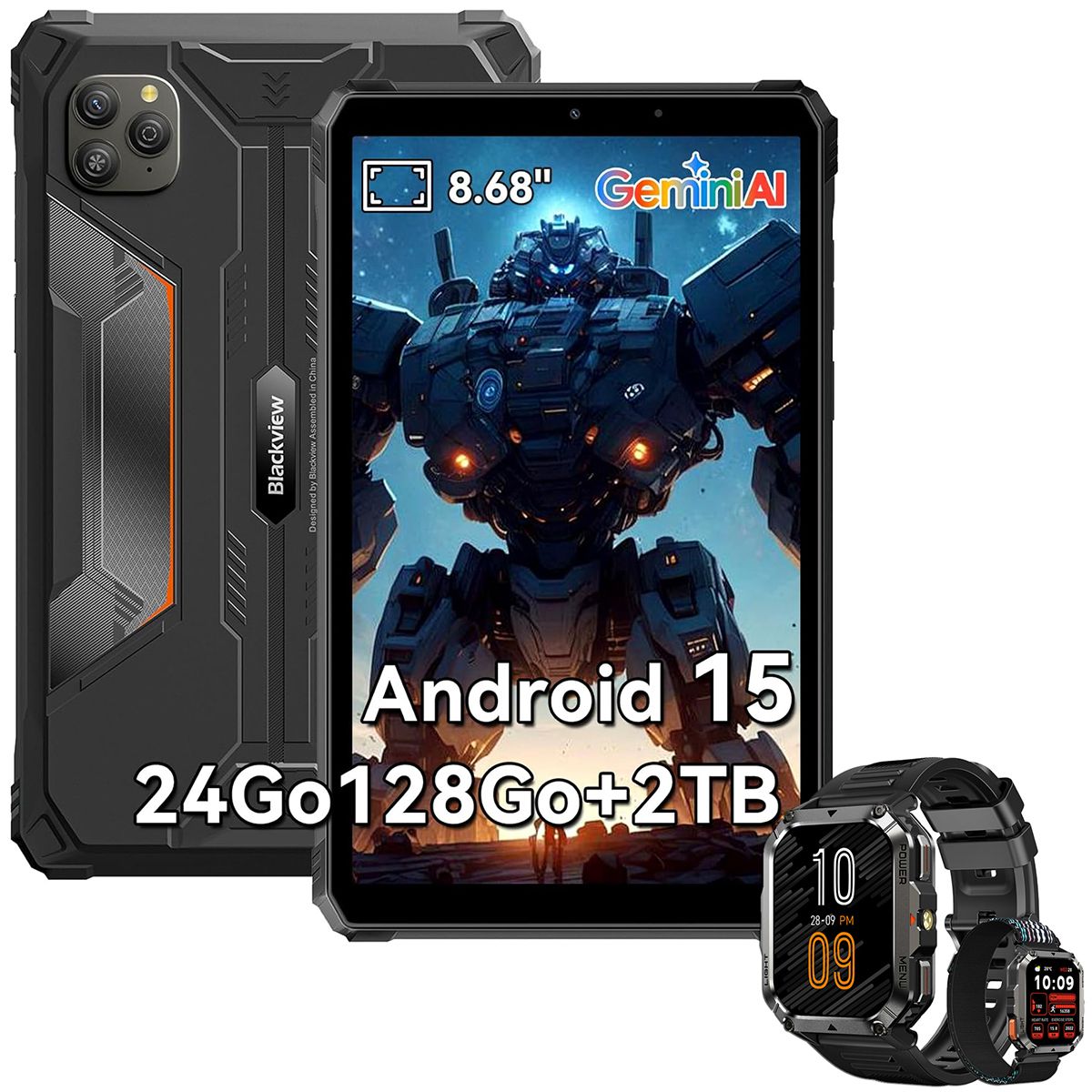 Tableta Blackview Active 5 2025 - 8,68'' 90 Hz, Android 15, 24GB+128GB/2TB SD, Batería de 6600 mAh, Negro con W70 Pro Watch