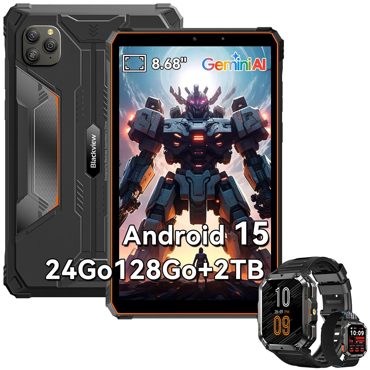 Tableta Blackview Active 5 2025, pantalla IPS de 8,68 pulgadas, 90 Hz, Android 15, 24GB + 128GB/2TB de almacenamiento ampliable, batería de 6600 mAh, naranja con W70 Pro Watch